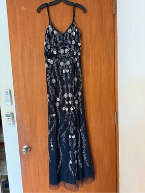 Adrianna Papell Navy Maxi Dress with Silver & Light Pink Floral Embroidery